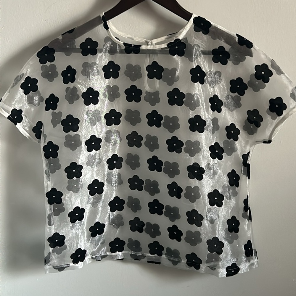 Nasty Gal Women’s Boxy Shimmering Sheer Felt Floral Appliqué Festival Summer Top - Picture 9 of 9